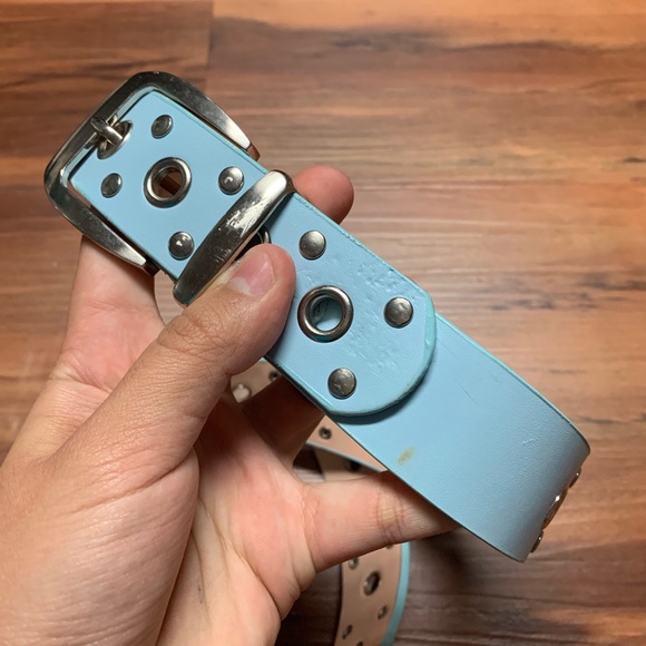 Vintage Retro Leather Studded Eyelet Blue Belt - Picture 2 of 8